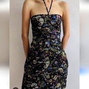 ZARA black paisley ruched body con halter mini dress
